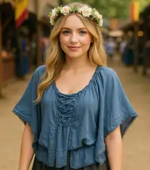 NEW Grass Collection Blue Renaissance Milk Maid Ethereal Fairy Flowy Blouse L