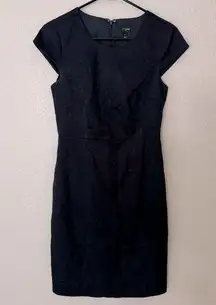 J Crew Navy Sheath Dress Size 2 Cap Sleeve Knee Length Brocade Print Formal Y2K