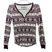 Victoria's Secret PINK Shirt Small Thermal Henley Fair‎ Isle Dog Pajama Top