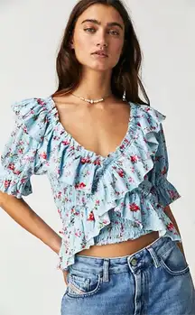 FREE PEOPLE Favorite Girl Smocked Floral Ruffle Top Candy Combo Size XS