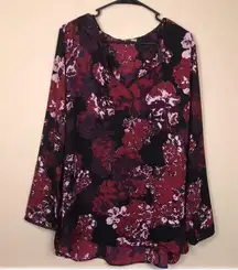 LOFT Women’s Floral Print Faux Leather Trim Split Neck Hi-Low Long Sleeve Blouse