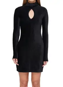 Dual Nature New  Keyhole Rib Velour Dress Mock Neck Long Sleeve Mini Black