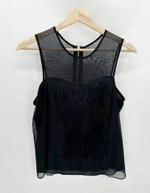 Cache Top Women MEDIUM Black Sheer Upper Exposed Back Zip Sleeveless Tank Blouse