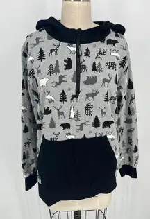 NWT Little Bipsy 1/2 Zip Pullover Hoodie Sz S Gray Black Moose Bear Tree Print