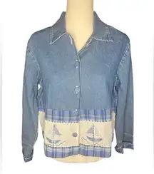 Coastal Grandma Quilted Denim Jacket 100% Cotton Small Sailing Nautical