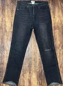 Mud Pie Women's Hyde Straight Leg Jeans Black Size Medium Distressed Raw Hem