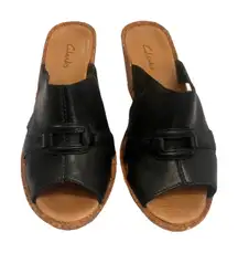 Clarks Black Leather Cork Wedge‎ Heel Open Toe Comfort Slide Sandal Women's