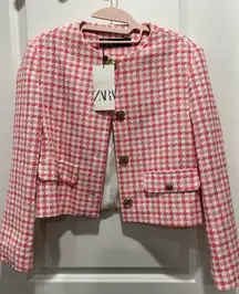 ZARA Houndstooth Tweed Crop Pink White Blazer