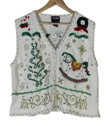 Vintage Studio Sweater Vest Womens XL White Beaded Rocking Horse Holiday 90s