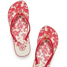 TORY BURCH Thandie Wedge Flip Flops Red Pepper / Issey Fade Floral Sandals 10