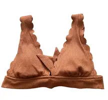 Waffle Scalloped Tie Longline Triangle Bikini Top Small Women’s Brown 2396