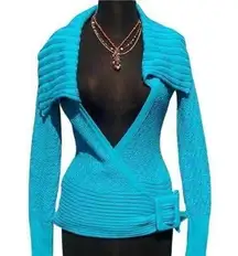 Cache Exaggerated Wrap Belt Cable Knit Jacket Top Ocean Blue Stretch $98 NWT