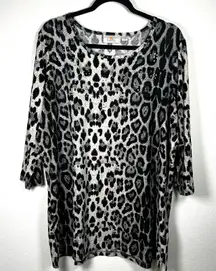 Quacker Factory QVC Grey & Black Rhinestone Leopard Print Tunic Top‎ Size 1X EUC