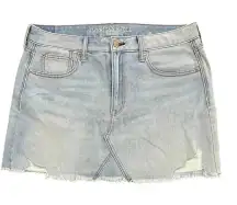 American Eagle Denim Mini Skirt Size 12 Light Wash Raw Hem Stretch