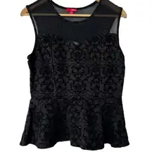 Bongo Sheer Jacquard Floral Sleeveless Peplum Top Pullover Black Women's Large