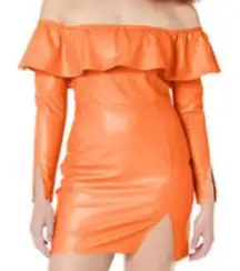 Kendall + Kylie Orange Dress 4/6 Leather 3/4 Sleeve Off Shoulder Ruffle Bodycon