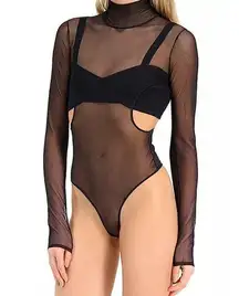 Hervé Léger Sheer Long Sleeve Turtleneck Bra Bodysuit Black Women's Size XXS