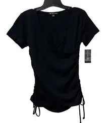 INC International Concepts Small Short Sleeve Ruched Sides Black Knit Top Goth