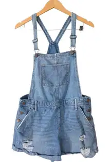 Hollister Denim Overalls MOM Shorts Size Large Blue Distressed High Rise
