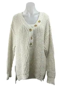 Free People Whistle Cream Long Sleeve Thermal Waffle Knit Henley Sweater Top M