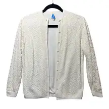 Vintage Danella Orlon Lace Overlay Cardigan Sweater Ivory Ribbon Hem