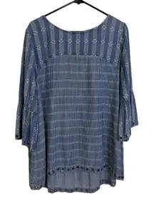 John Mark Denim Top Womens XL Blue Shirt Stripe Floral Bell Grommet Boho Casual