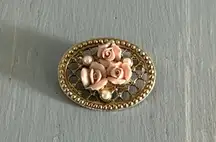 1928 Vintage Brooch Gold Tone W Porcelain Roses & Baby Faux Pearls