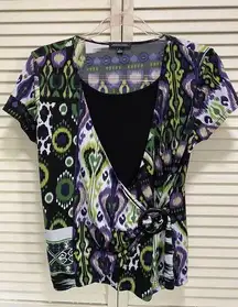 Abstract Print Purple Green Black Short Sleeve Wrap Blouse Size Large