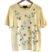 Vtg Womens Floral Knit Top Large Embroidered Grannycore Yellow Spring Cottage