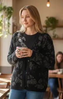 NWT ZARA BLACK KNIT CARDIGAN W/ METALLIC THREAD & SEQUIN Festive Small