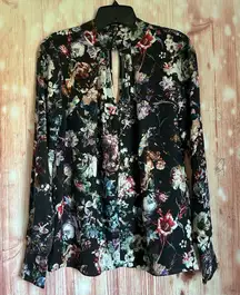 Parker Black Floral Print Keyhole Choker Floral Print Silk Blouse