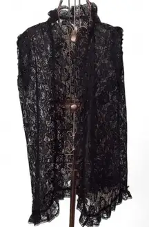 Vintage Black Lace Vest - One Size - Sheer Floral Duster Made in USA