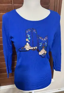 VTG Sweaterworks Top Beaded Sequined Royal Blue Knit Cowboy boots Cowgirl sz S