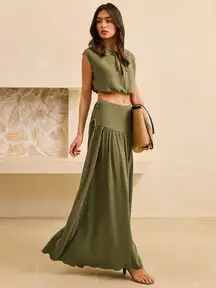 Olive Green Tie-Detail Crop Top and Maxi Ruffled Skirt Set  Linen Blend Small 