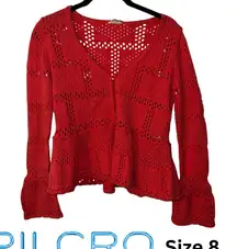 Pilcro Womens Sweater Crochet Open Knit Pointelle Size XS Bell Sleeve Peplum Hem