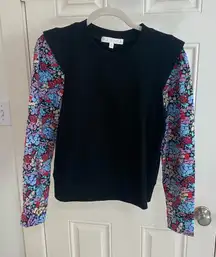 Karlie Black Mixed Media Top with Floral Print Sleeves Size Small