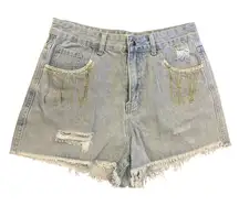 Harper Heritage Denim Shorts Rhinestone Fringe Cut Off Distressed Light‎ Wash 28