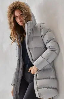 Prana Kromata Down Puffer Coat Jacket with Faux Fur Trim Hood Gray Silver Small