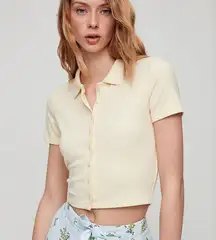 Aritzia  Sunday Best Yellow Cropped Knit Button Up Top