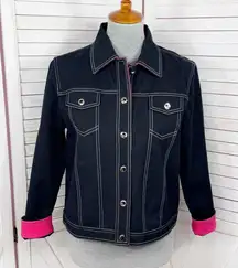 Vntg St. John Sport Contrast Stitch Button Front Denim Jacket Black Pink Small