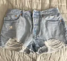 501 Light Wash Distressed High-Rise Denim Shorts