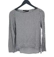 Zara Womens Geometric Hi Low Boat Neck Long Sleeve Blouse Black White Medium