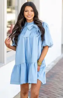 TCEC Denim Blue Bow Collar Puff Sleeve Dress