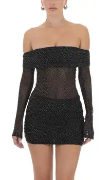 Lucy In the Sky Black Rhinestone Mesh Off Shoulder Dress