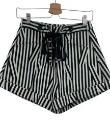 Self-Portrait Lace-Up Shorts Striped‎ High Waist Black White Size US 4