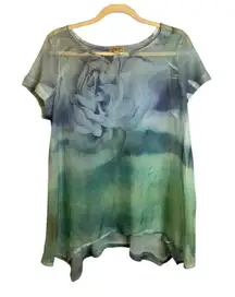 One World Blouse Women's Size Large Floral Lightweight‎ Knit Sheer Blue