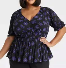 NEW NWT AVA & VIV Puff Short Elbow Sleeve V-Neck Mesh Top Black Floral Peplum