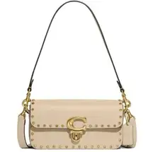 Coach Ivory Glove Tan Leather w/ Crystal Rivets Studio Baguette Shoulder Bag New