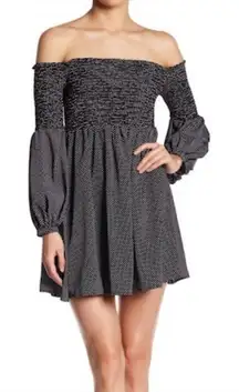 Likely Off Shoulder Black & White Polka Dot Autumn Vibes Mini Dress