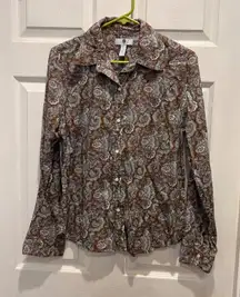 Gap Women's Brown Paisley Print Button Down‎ Long Sleeve Shirt Medium Roll Tab